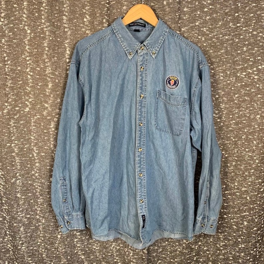 Port Authority Mens XL Blue Denim Saab Scania Embroidered Button Down Shirt